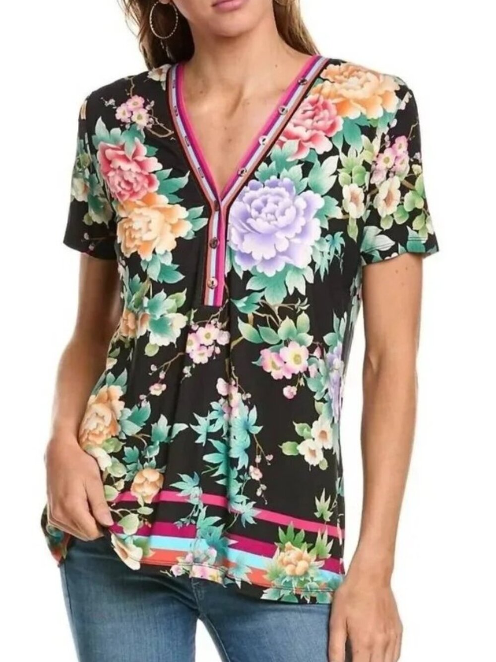 Johnny Was Janie Favorite Button Neck Top 1X Le Jardin Print, Contrasting Trim
